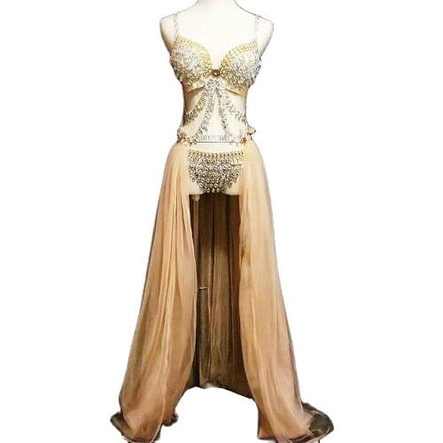 Gold Rhinestones Three-Piece Suit Chain Mesh Gauze Long Trailing Accessories Nightclub Dance Show Wear Women Stage Outfit
