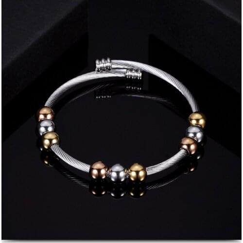 10pcs/Lot Stainless Steel Wire Line Colorful Beads Bangle Cable Stretch Bracelet for Fashion Jewelry Wholesale