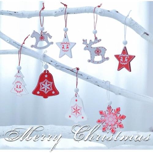 12pcs Christmas Printed Wooden Pendants Cartoon Animal/Bell/Snowflake/Star/Tree Ornament Hanging Decor