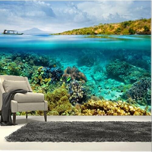 The custom 3D murals,beautiful blue underwater world, all kinds of fish and coral,living room sofa TV wall bedroom wall paper