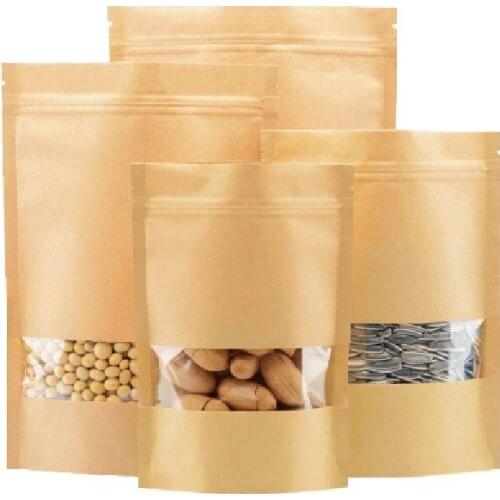 50Pcs Food Bag Kraft Paper Material Ziplock Packaging Stand-Up Pouch Self-Seal Adhesive Transparent Window Bags Food Storage Bag
