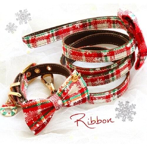 Free Shipping Christmas New Year Tartan Excellent Material Bow Dog Collar Leash Sets Pets Poodle Yorkie Cat Kitten Drop Shipping