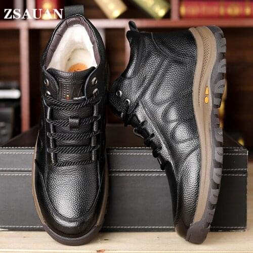 ZSAUAN Genuine Leather Furry Men Boots Winter Safety Shoes Men Designer Sneakers Outdoors Sport Work Boots For Daddy Men