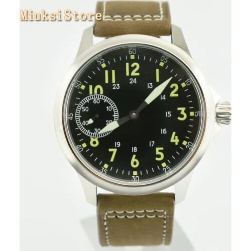 Parnis 45mm mens top watches silver case black dial luminous Seagull 6497 hand winding movement brown leather strap mens watch