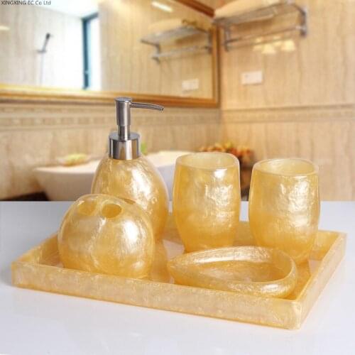 Home Bathroom Set, Yellow Resin Toothbrush Holder, Toothpaste Dispenser, Soap Box, Lotion Bottle, Tray, Bathroom Accessories