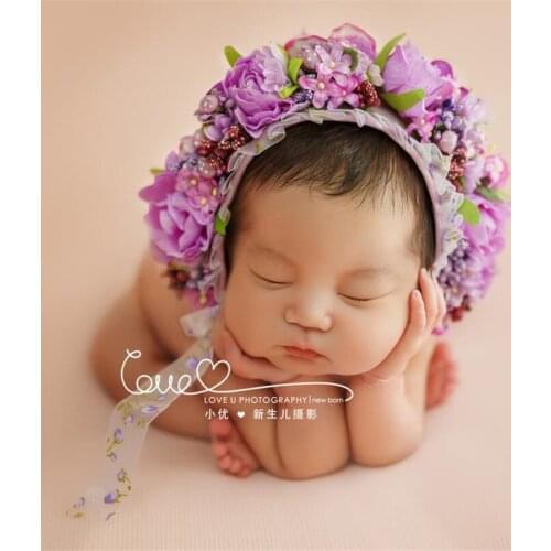 Purple Color Newborn baby girl bonnet hat Baby Floral bonnet Newborn girl hat photography props