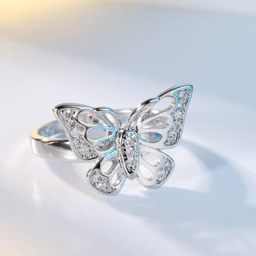 Creative Fashion Crystal Zircon Ring Popular Butterfly Luxury Charm Lady Ring Romantic Valentines Day Jewelry Gift