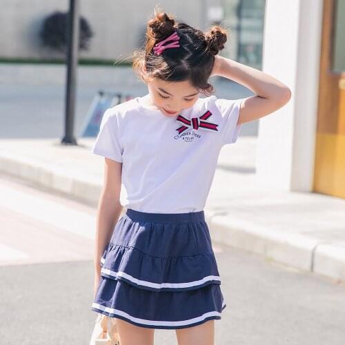 Summer Girls Set Pure Cotton College Style Girls Clothes Children Uniforms Back to School Fashion Top and Skirt 2pcs Suits New