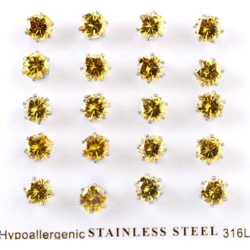 LUXUSTEEL Yellow Color Round Cubic Zirconia Stud Earrings Wholesale 10pairs/card Silver Color Accessories Party Gift Daily