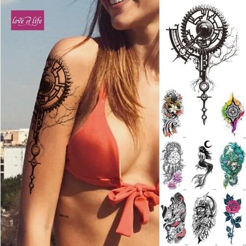 Mechanical Bionic Gear Waterproof Temporary Tattoo Sticker,Dreamcatcher Rose Flash Tattoos Body Art Arm Fake Tatoo Women Men
