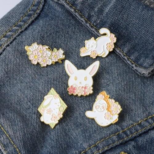 Cute Rabbit Cat Sloth Enamel Pins Animals Floral Brooch Lapel Badge Bag Cartoon Jewelry Gift for Kids Friends