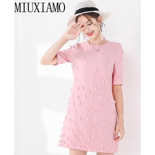 MIUXIMAO TOP QUALITY 2019 New Fashion Runway Fall Dress Womens Retro Half Sleeve Appliques Flower Pink Vintage Dress Vestidos