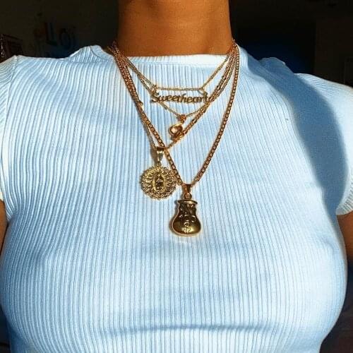 ALYXUY Europe and America Fashion Letter Virgin Mary Necklace Dollar Pendant Chain Gold Long Charm Necklaces Set Women Jewelry