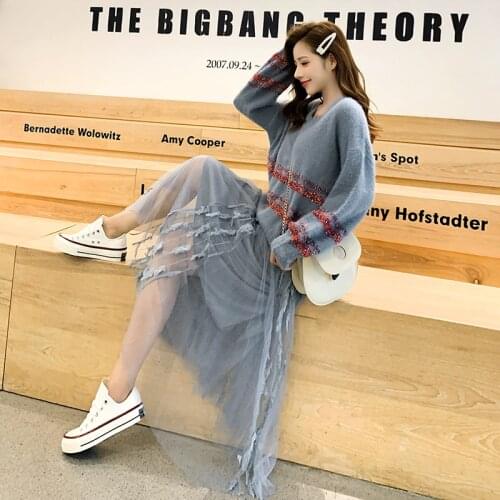 Fashion Loose Pullover V-neck Striped Sweater + Temperament Mesh Dress Two-piece 2019 New Autumn and Winter Womens Clothing