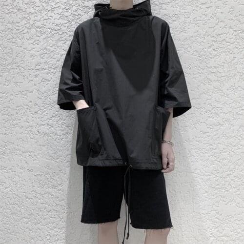 Summer Thin Hoodies Mens Fashion Solid Color Big Pocket Hooded Sweatshirt Men Streetwear Loose Hip Hop Short Sleeve Hoodie Men