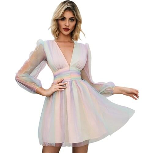 New summer sexy deep V-neck rainbow dress Womens mesh colorful mini daily party dress female fashion long sleeve zipper dress