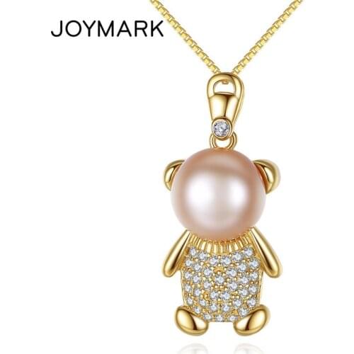 JOYMARK Zircon Pave Cute Bear Freshwater Pearl Pendant Necklace With 925 Silver Chain High Quality Jewelry Christmas Gift JPN308