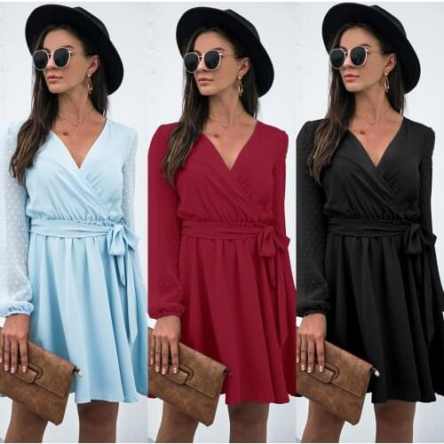 Women Solid Color A-Line Dresses Robe Femme Patchwork Bandage V-Neck Long Sleeve Jacquard Slim Dress For Woman Vestido De Mujer