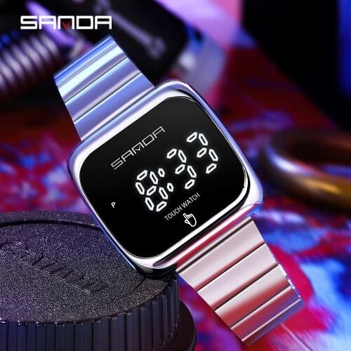 SANDA Brand LED Touch Screen Luxury Electronic Watch Men Fashion Steel Waterproof Magic color Male Clock Relogio Masculino 8013