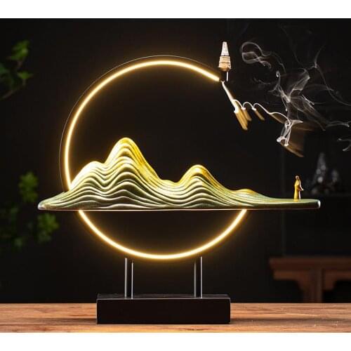 Led Light Backflow Incense Burner With 20 Pcs Cones Smoke Waterfall Incense Sticks Holder Porcelain Censer Landscape Decoration