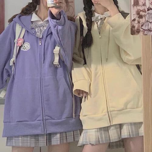 Cute Embroidery Tops Autumn Kawaii Solid Hoodie Winter Women Casual Oversize Cute Harajuku Autumn Funny Zipper Sweatshirt Femme