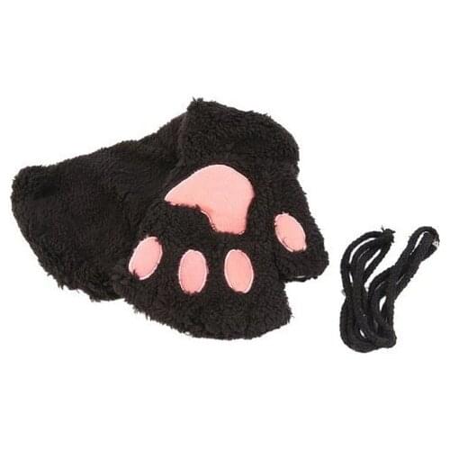 YLWHJJ Winter cute cartoon cat girl fingerless cat claw warm gloves thickened fluffy bear paw half finger gloves black white