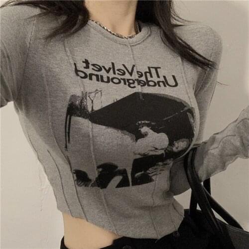90s Vintage Graphic Print Cropped Tops Women Long Sleeve Skinny T-shirt Female Autumn Basice Tees Top Y2K Harajuku Streetwear