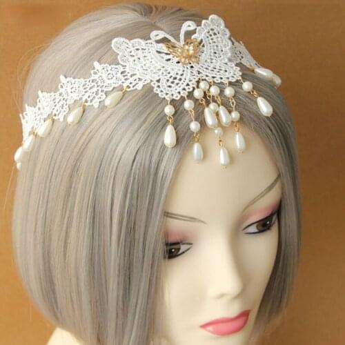 Bridal Butterfly Headdress Women Headband Girl White Lace Pearl Elastic Wedding Jewelry Tassel Headwear Headpiece Hair bands
