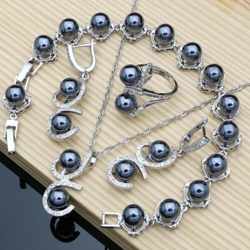 Black Pearl Silver 925 Jewelry Sets for Women Pearl Charm Bracelet Earrings Ring Necklace Sets for Wedding Party Birthday Gift