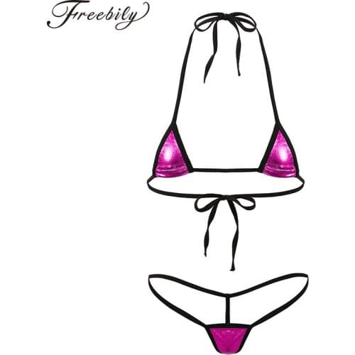 Womens Erotic Lingerie Sexy Shiny Metallic Mini Bikini Lingerie Sets Halter Neck Tie-on Bra Top with G-String Thong Underwear