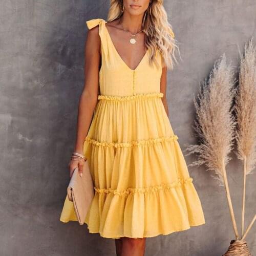 Bohemian solid blue yellow lace-up A-line midi dress 2021 Summer casual sleeveless dress beach holiday sukienka robe femme