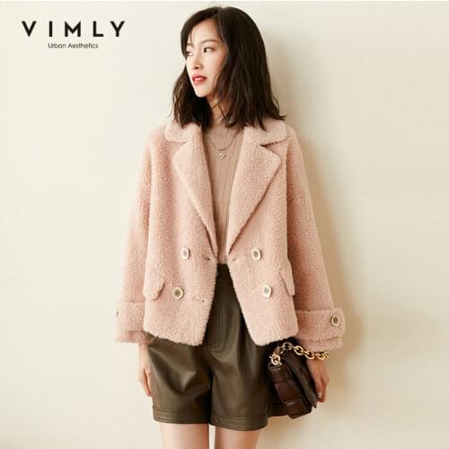 Vimly Winter Short Jacket For Women Elegant Lapel Double Breasted Solid Thick Warm Overcoat Vintage Female Coats F5557