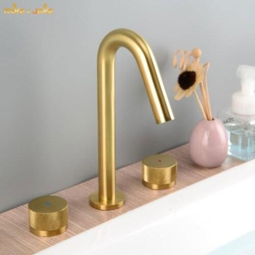 Gold brush bathroom 3 holes Widespread bathroom faucet luxury gold widespread 3hole Bathroom Sink Faucet brush gold