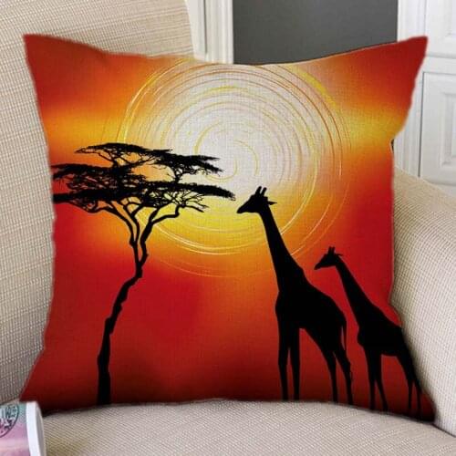 Africa Sunset African Animals Giraffe Elephant Beautiful Scenery Home Art Sofa Throw Pillow Case Car Decoration Cushion Cover