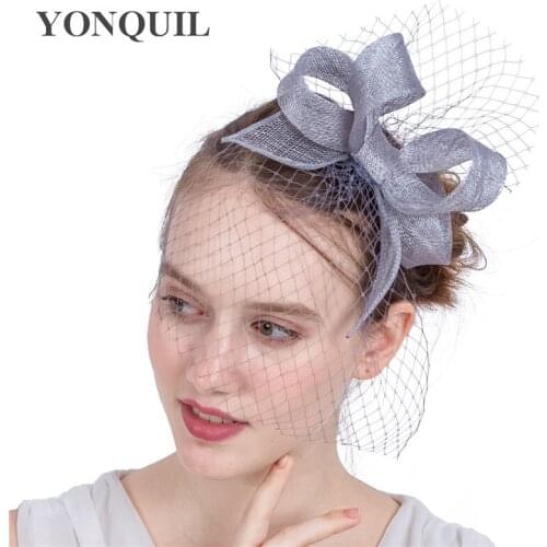 Birdcage Veils Bridal Solid Bow Fascinator Hats Silver Sinamay Vintage Hair Accessories Headband For Women Wedding Race SYF143
