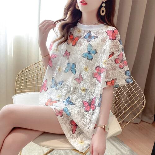 Korean Version Net Red Super Fire Short-sleeved T- shirt Female Of The Loose Wild Mid-length Lace Hollow Butterfly T-shirt