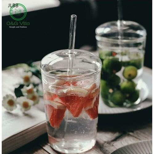 Creative Glass Cups for Coffee Tea Drinks Milk Tea Water Cups with Glass Cover Glass Straw Drinking Cup Simple Design