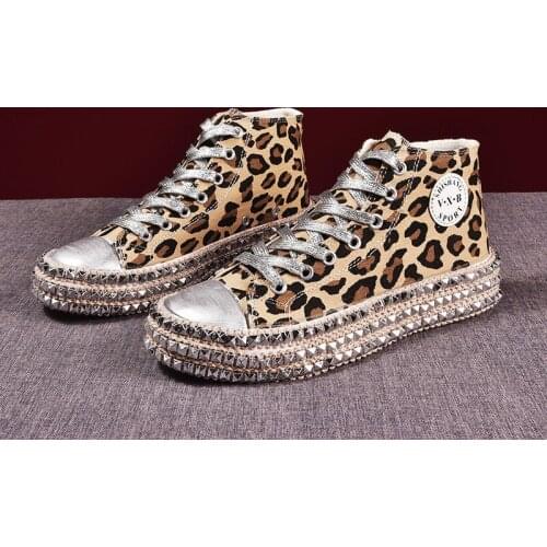 Women Sneakers Sexy Leopard Print Fashion Rivets Women Canvas Shoes Korean Leisure Lace-Up Low High Top Sneakers Basket Femme