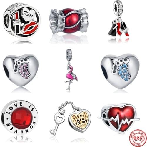 NEW european red candy kiss lip lipstick key lock baby DIY fine beads Fit Original Pandora Charms silver 925 Bracelet Jewelry