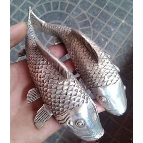 A pair Folk Tibetan Silver carvings a auspicious lifelike Wealth fish statue Free shipping