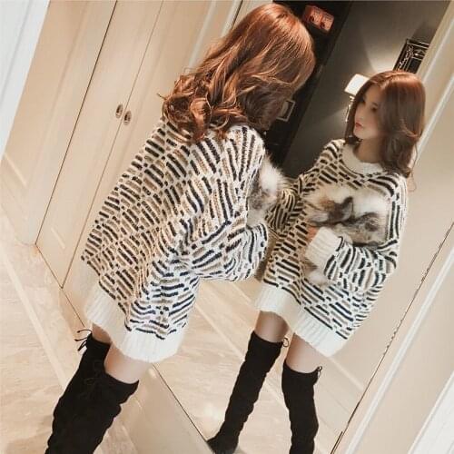 Pullover Sweater Womens Mid-length Knit Sweater Top Thick Loose Hedging Stripes 2020 New Autumn and Winter Long Sleeves