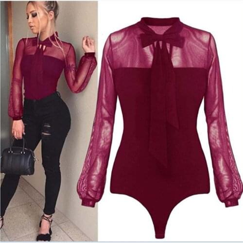Sexy Bodysuits 2019 New Sexy Women Long Sleeve Bow Collar Stretch Bodysuit Leotard Solid Sexy Lace Sheer Bodysuit