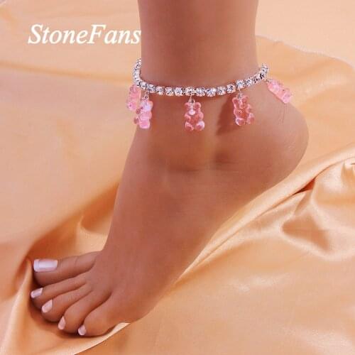 Stonefans Summer Barefoot Chain Bear Pendant Anklet for Women Rhinestone Tennis Chain Anklet Sliver Color Crystal Accessories