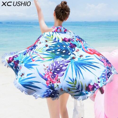 Super Thick Microfiber 150cm Round Beach Towel With Tassel 650g Tropic Flamingo Print Beach Towels Wall Tapestry Picnic Blanket