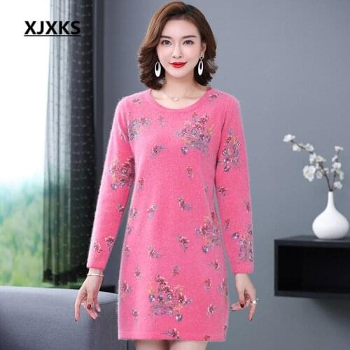 XJXKS 2020 spring new high-end Mink Cashmere women long sweater loose plus size women printed dress pullover