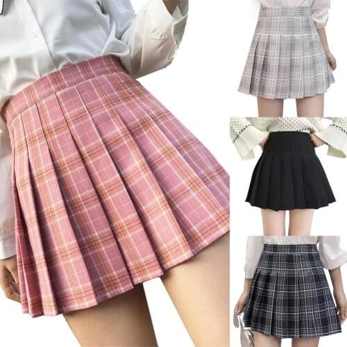 75% HOT SALES!!!Mini Skirt High Waist Women Side Zip Solid Color/Plaid Printed Pleated Skirt for School