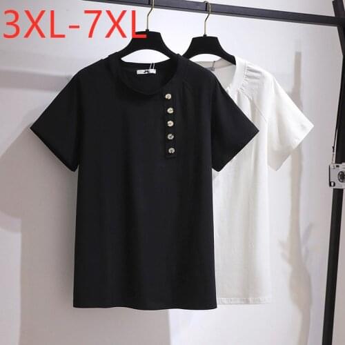 New 2021 Summer Plus Size Tops For Women Large Short Sleeve Loose Cotton Off Shoulder Button O-neck T-shirt 3XL 4XL 5XL 6XL 7XL