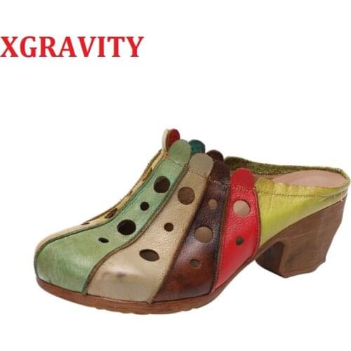 XGRAVITY 2021 New Spring Summer Shoes Chunky Heel Women Pumps Womens Casual Mix Color Colorful Slides Ladies Slippers Girl C019