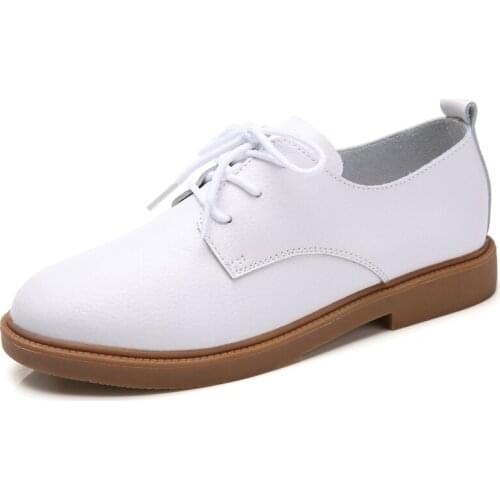 2020 Spring Women Oxford Shoes Ballerina Flats Shoes Women Genuine Leather Shoes Moccasins Lace Up Loafers White Shoes 35-40