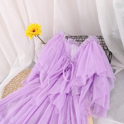 2021 Summer Women V-Neck Off Shoulder Pleated Strap Ruffles Dress Lady Elastic Slim Mesh Gauze Tulle Organza Pullover Chic Dress